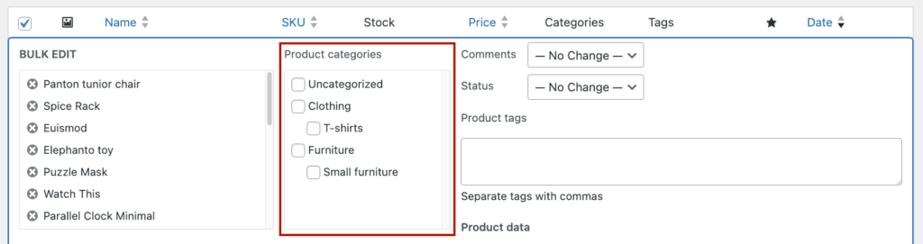 Adding or removing categories for multiple products