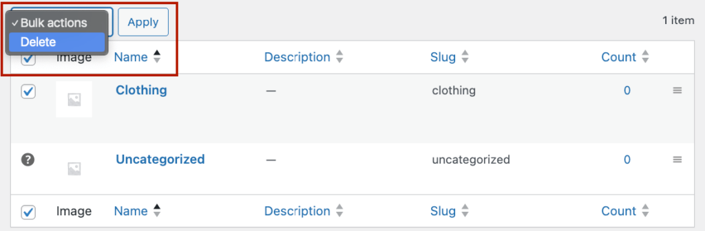 Bulk actions dropdown menu