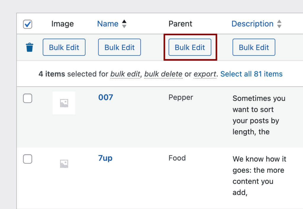 Bulk edit button for parent categories