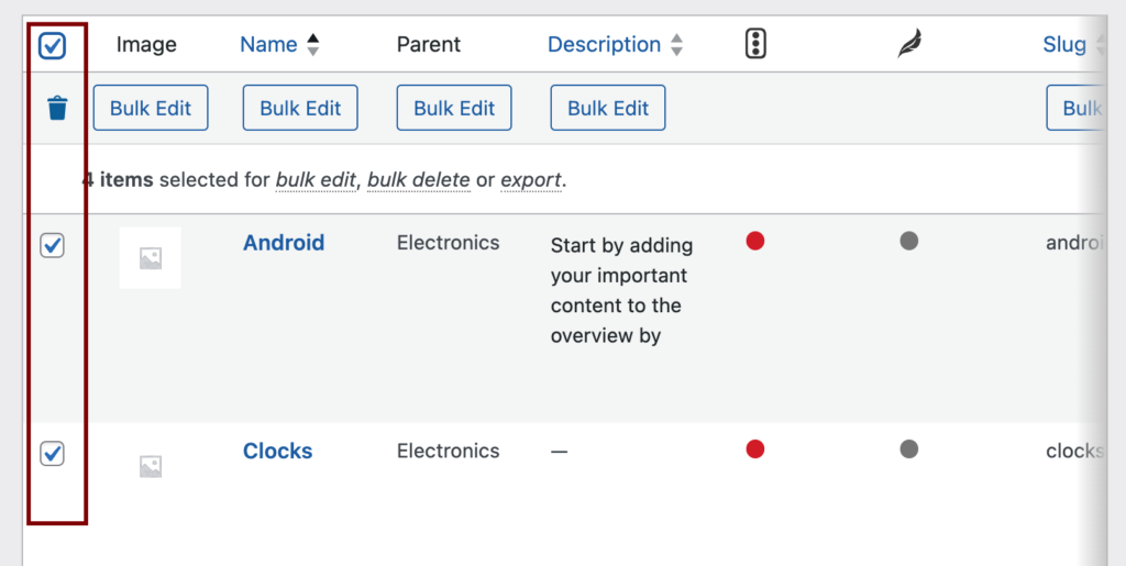 Selecting categories to bulk edit
