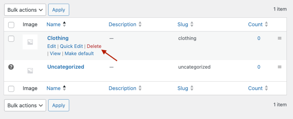Deleting a category from the list table.