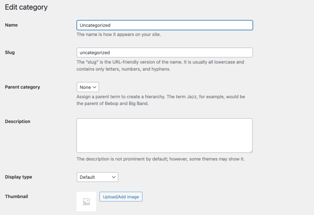 Edit category window in WooCommerce