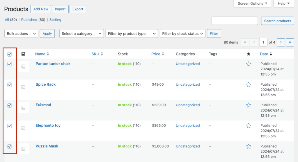 Selecting products to edit