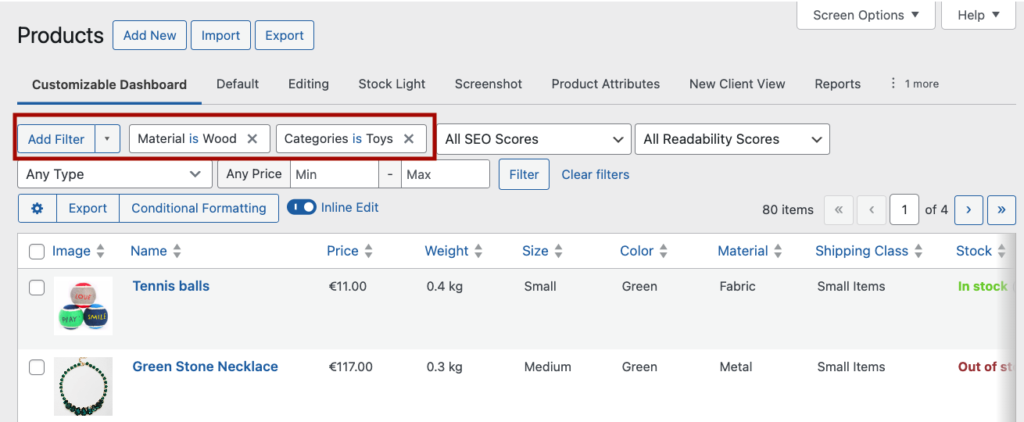 Adding filters to the products list table.