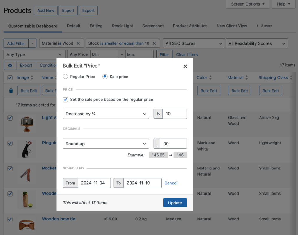 Editing the sale price for the filtered products