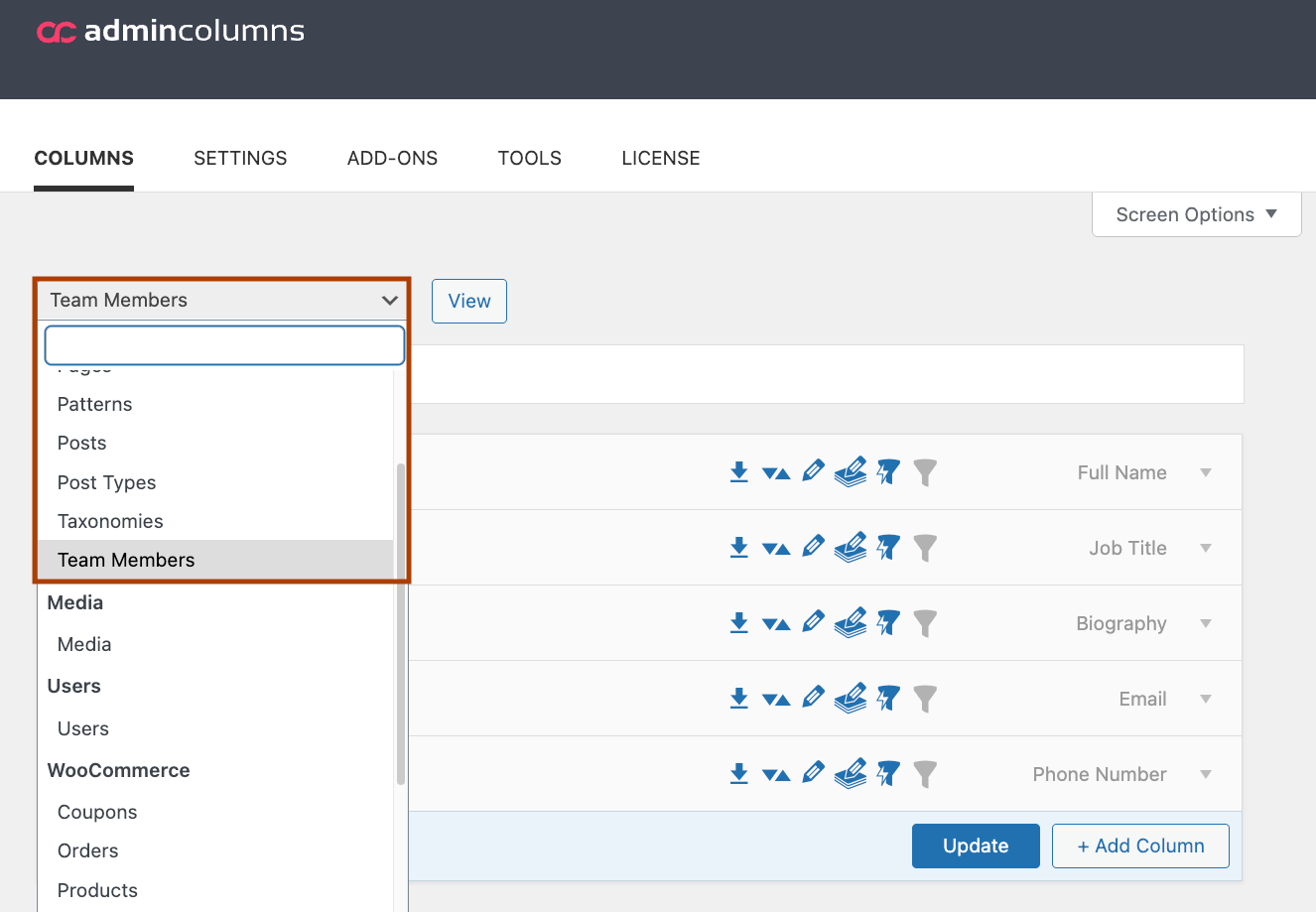 15 – Choosing the Team Members custom post type in the Admin Columns settings page