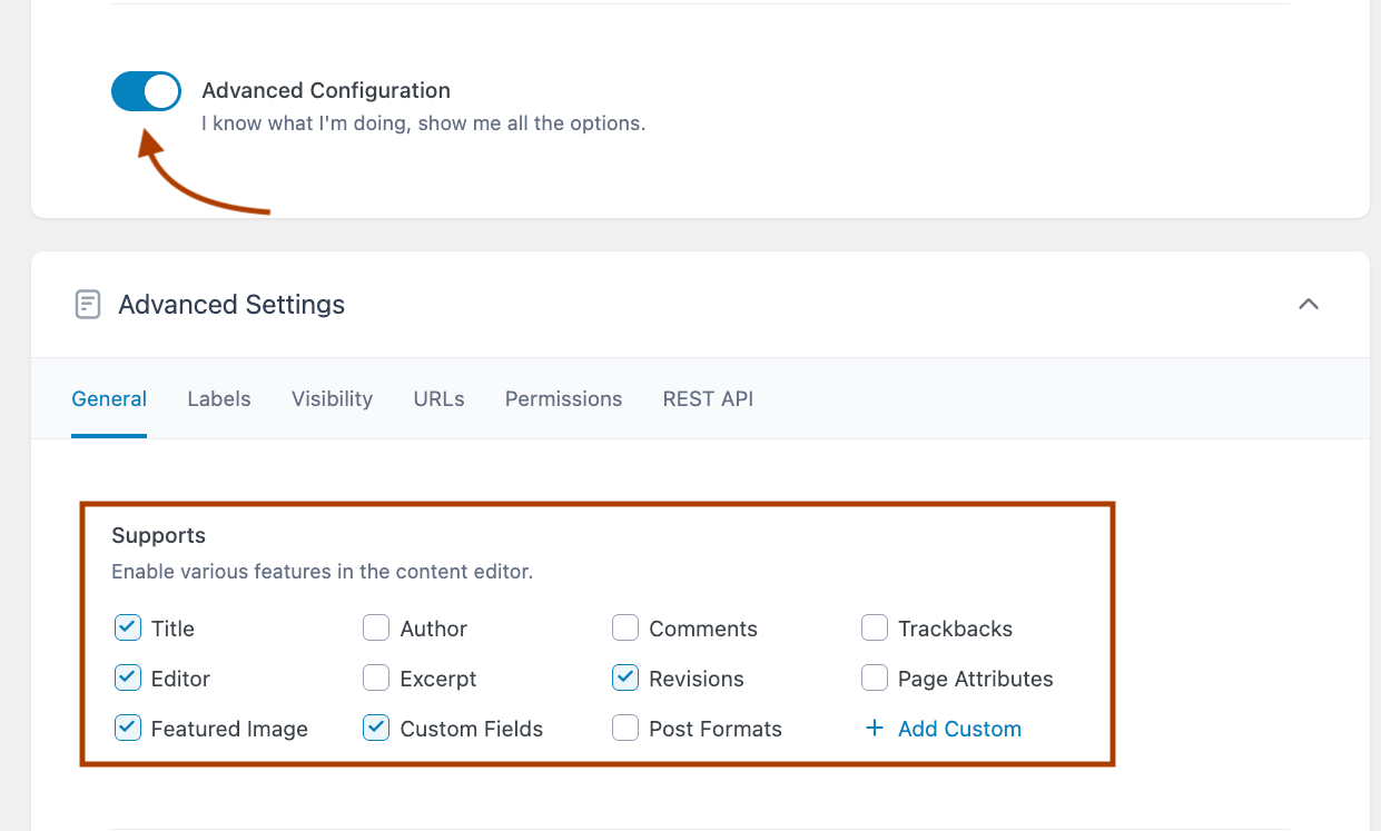 9 – Adjusting the Advanced Settings for a custom post type
