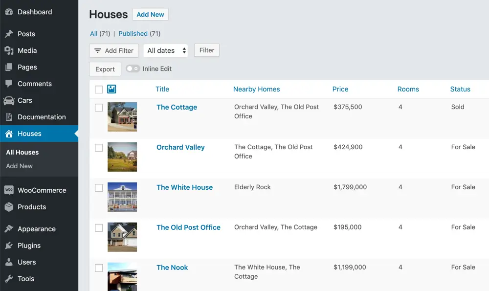 Example of a custom property listing table in WordPress with Admin Columns and ACF