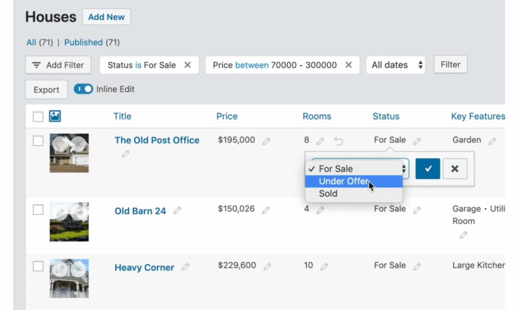 Inline editing the rooms for a house from the list table
