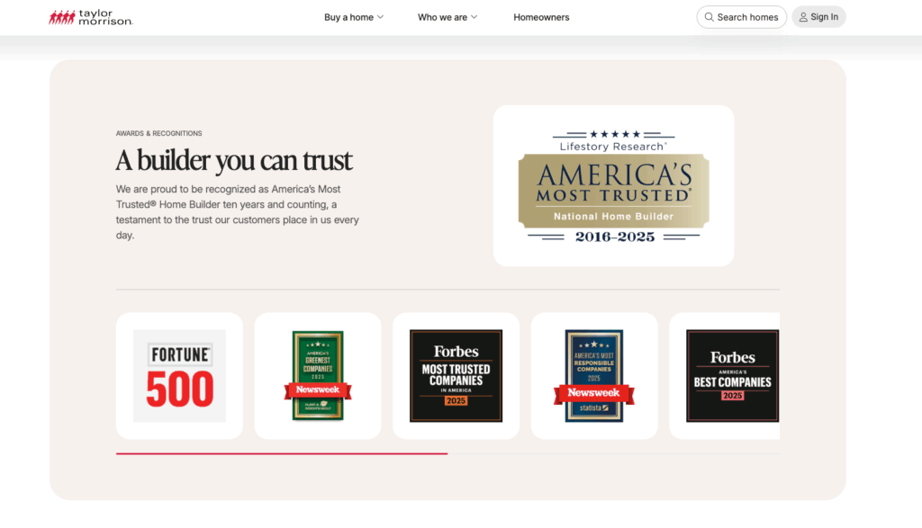 A display of awards and recognitions on the Taylor Morrison website