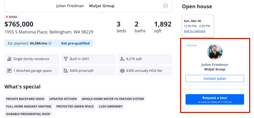 Example of a contact button on a specific property listing, including an option to request a tour