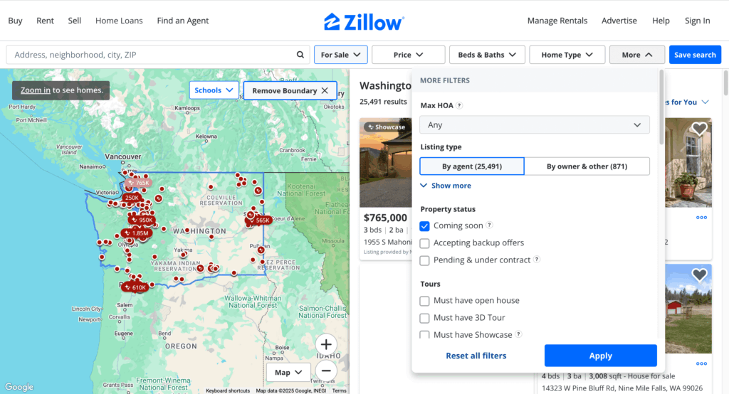 Example of a property listing page with an interactive map and multiple filters to narrow down search results