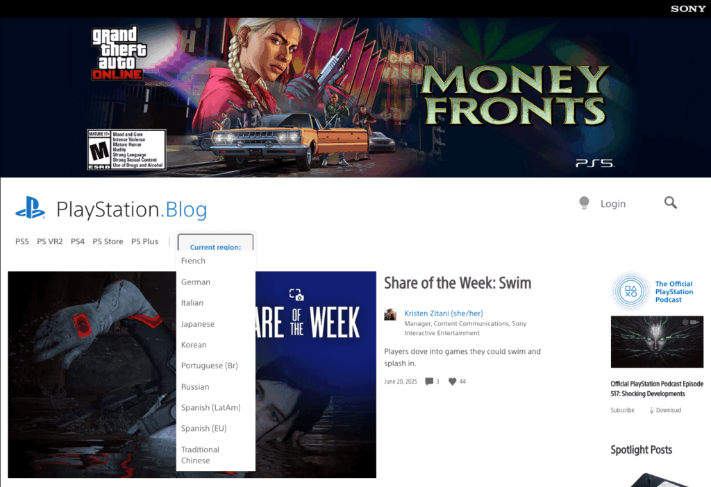12 – PlayStation blog English page with the language menu opened