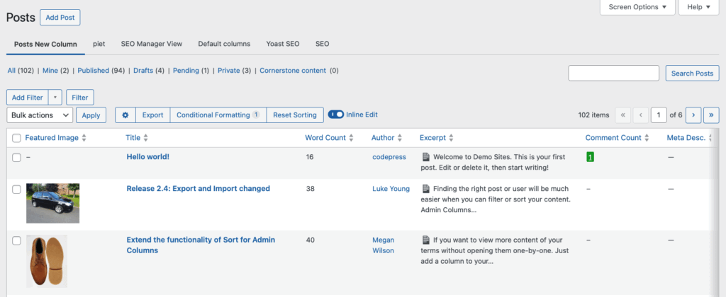 4 – Example of a custom posts list table in Admin Columns