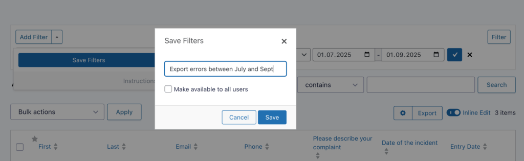 14 – Saving a filter combination
