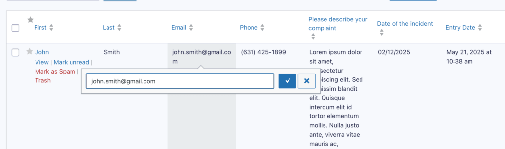 15 – Editing an email entry inline