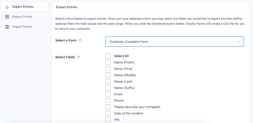 3 – Select form fields to export