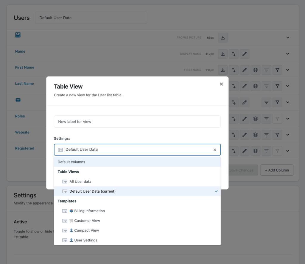 Example of Templates for the users table