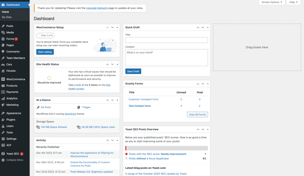 1 - Default WordPress Dashboard page with widgets