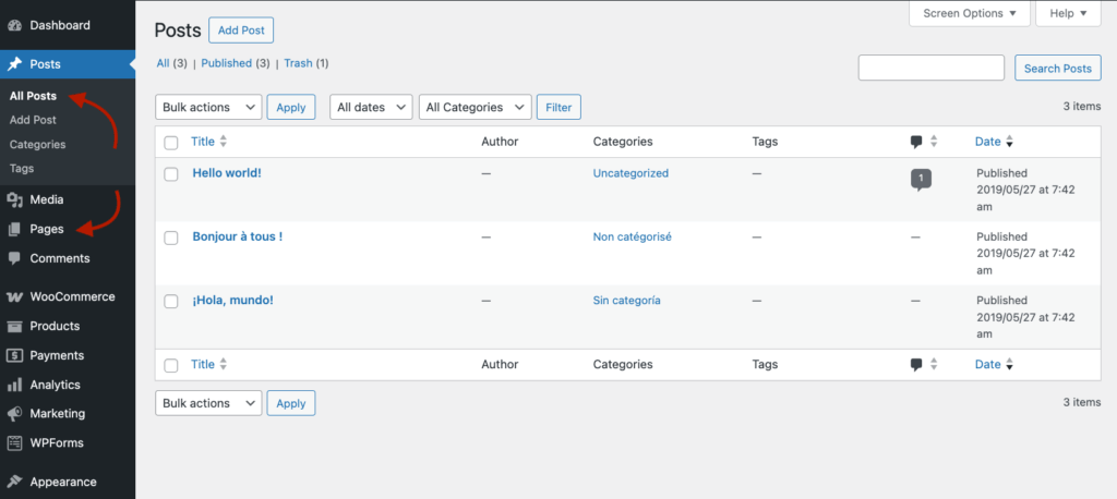 2 - Posts and Pages tabs on the WP dashboard menu