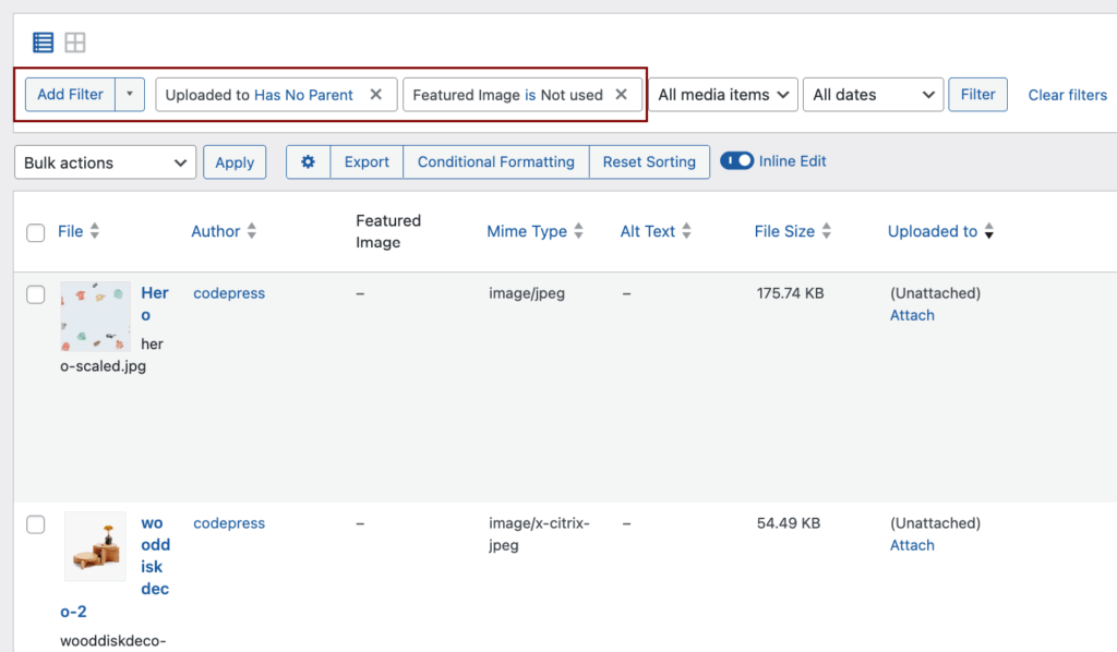 4 - Using filters to find unattached images that aren’t a featured image either