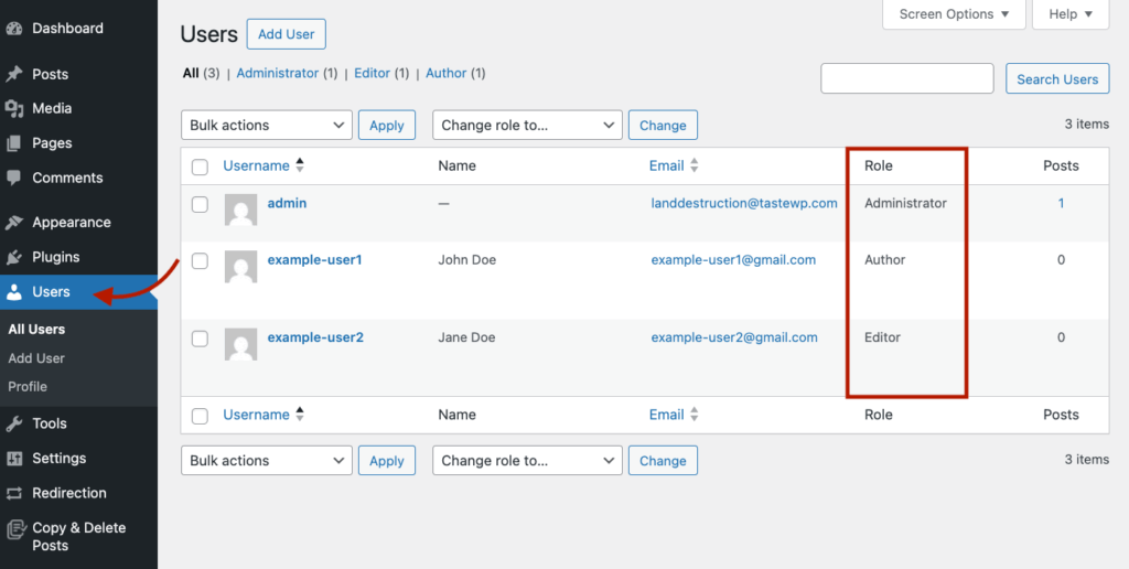 4 - Users list table with the Role column highlighted