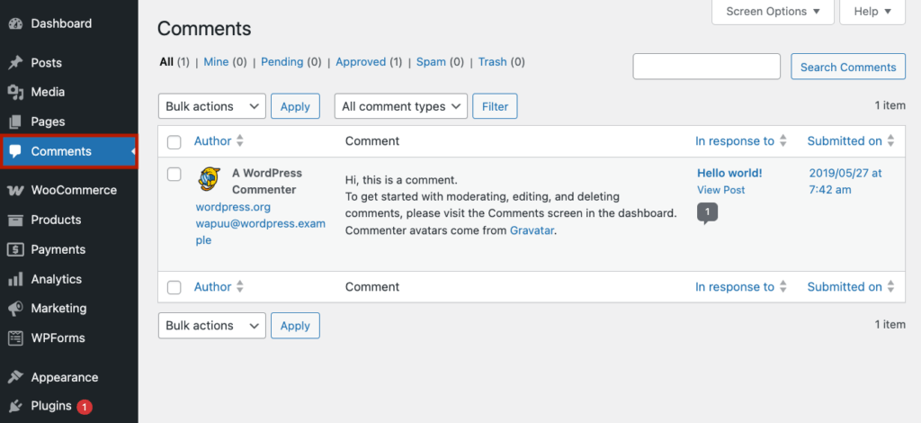5 – Comments page in WordPress