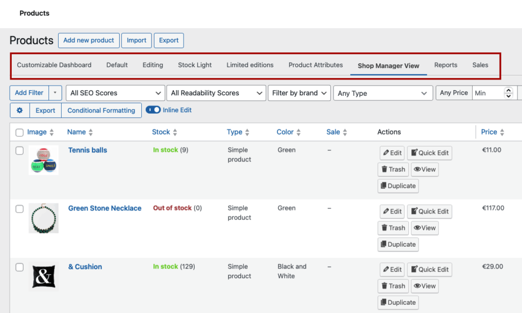 5 – Different table views with different columns and permissions