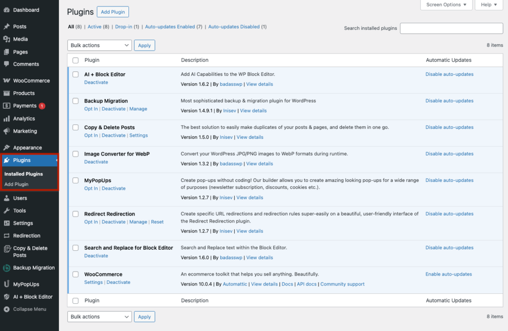 8 - Installed plugins page in WordPress