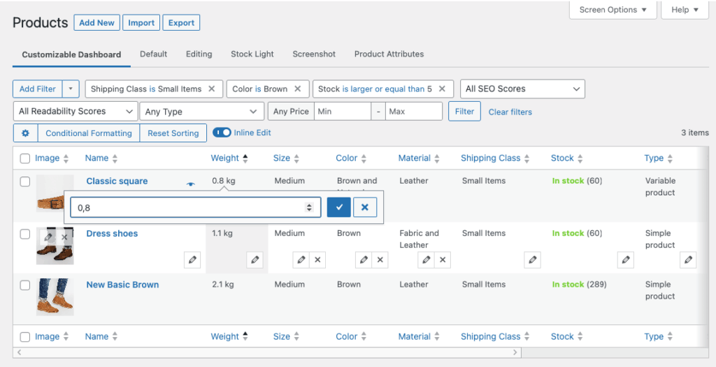 9 – Editing a product’s weight from the list table